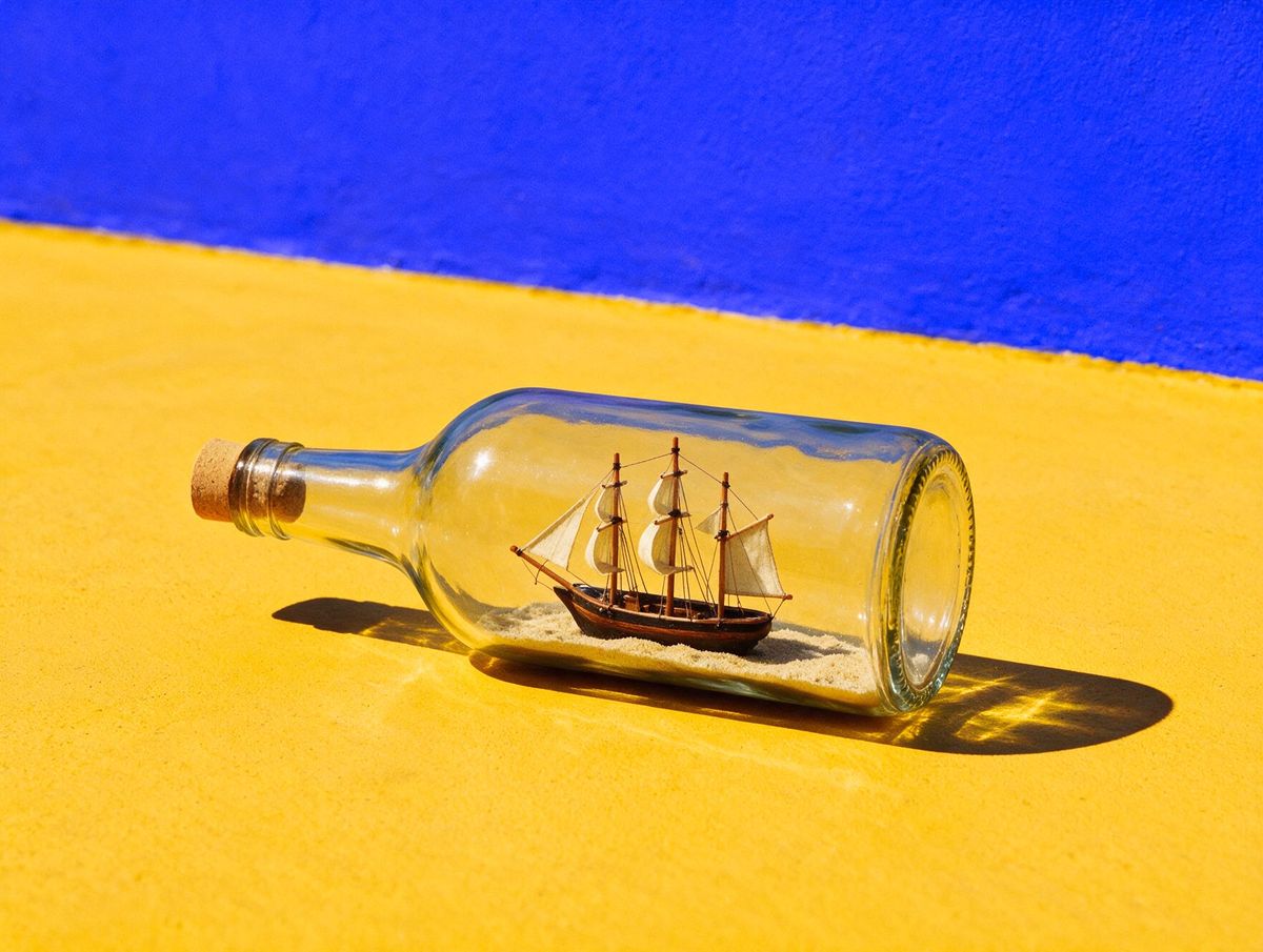 A ship in a bottle on a saffron floor against a cobalt wall: for 7CEAS, the seven seas, a whole lounge's mood built to fit a screen.