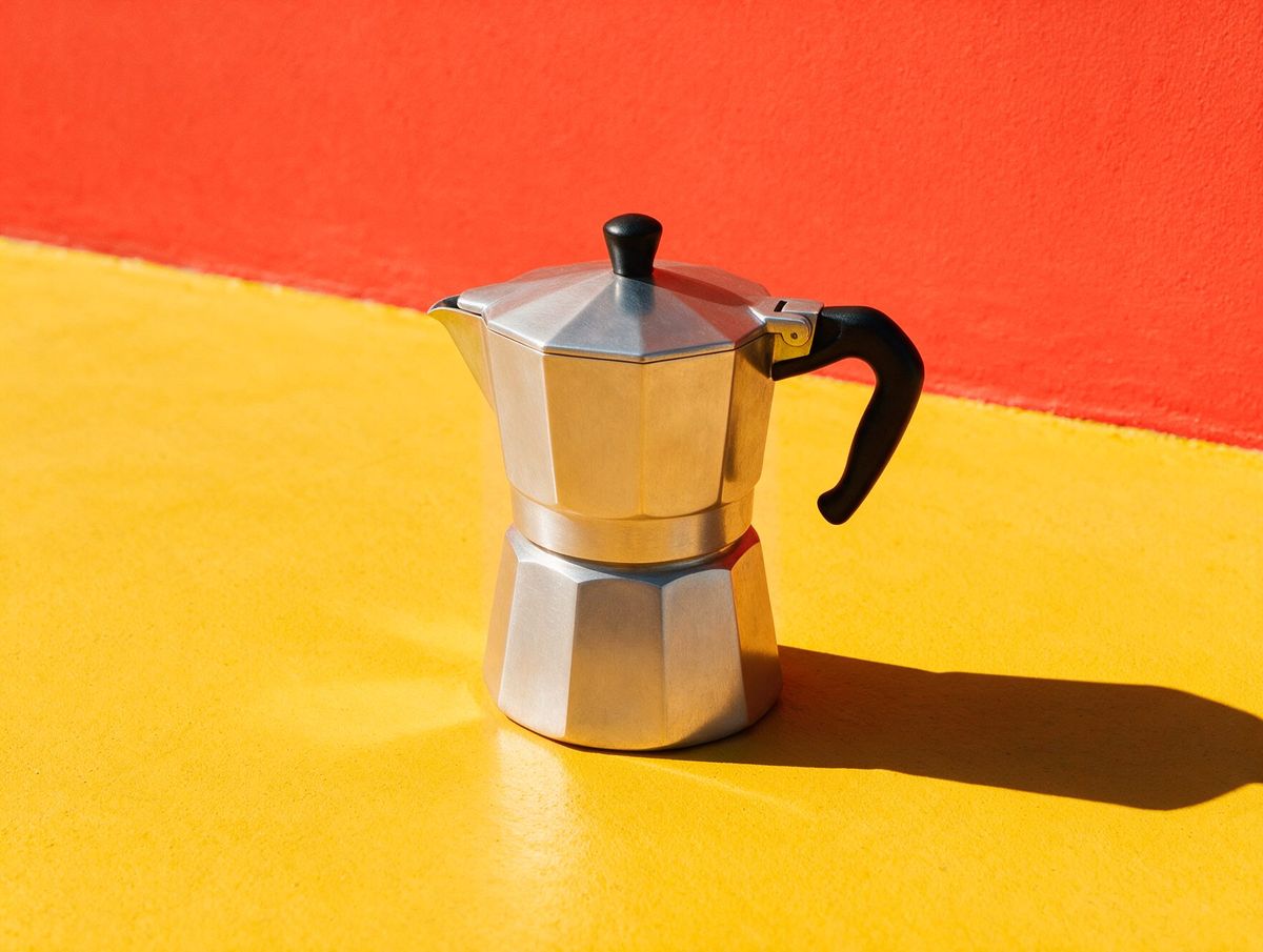 An aluminium moka pot on a saffron floor against a vermilion wall: software built like a tool people reach for every day, not a demo.