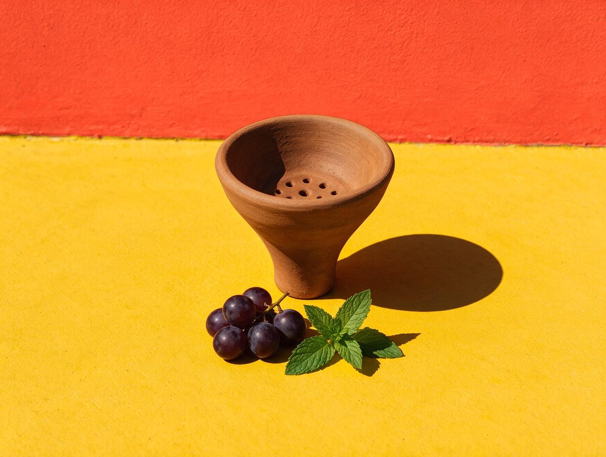 A clay hookah bowl beside grapes and a sprig of mint, on a saffron floor against a vermilion wall: Table lets guests pick their flavours and sends the order straight to the bar.